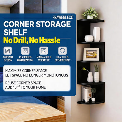 No-Drill Corner Shelf Wall Mount, 5-Tier Floating Corner Bookshelf with Hooks, Space-Saving Zigzag Plant Shelf for Bedroom, Living Room, Bathroom, Home Office
