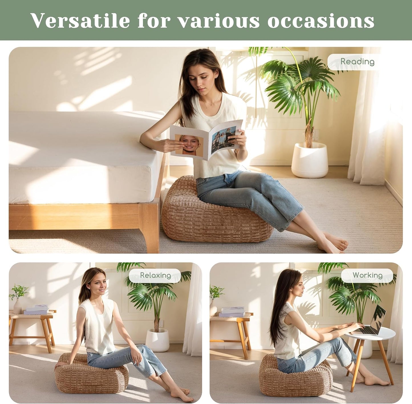 HIGOGOGO Floor Pillow Cushion for Adults, Meditation Cushion Pillow, Blended Corduroy Cover, Large Square Floor Sitting for Tatami Living Room or Yoga, 22x22 Inch, Beige