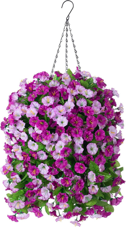INXUGAO Artificial Flowers with Hanging Basket, Outdoor Faux Plants Silk Morning Glory Vines, Fake Green Arrangement for Garden Patio Spring Summer Decor(4pcs,Darkorchid)
