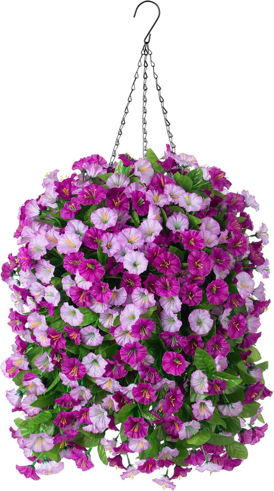 INXUGAO Artificial Flowers with Hanging Basket, Outdoor Faux Plants Silk Morning Glory Vines, Fake Green Arrangement for Garden Patio Spring Summer Decor(4pcs,Darkorchid)