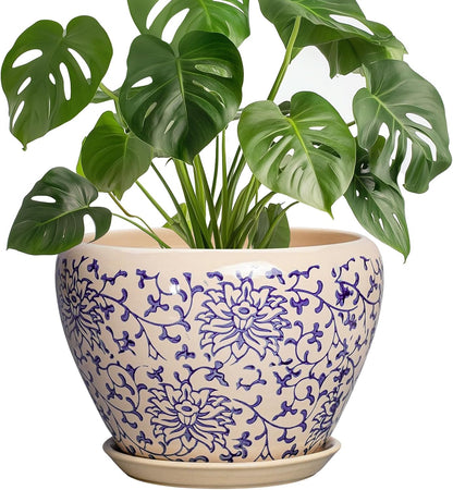 6 Inch Plant Pot - Ceramic Pots for Plants with Drainage Hole and Saucer, Round Succulent Planter Indoor Outdoor, Modern Flower Pot for Snake Plants, Home Decor, Gifts for Plant Lover, Blue