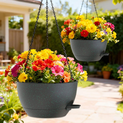 12 Inch Hanging Baskets 2 PC with Chains, Self-Watering Hanging Planters for Indoor Outdoor Plants, Plastic Hanging Flower Pots,Black