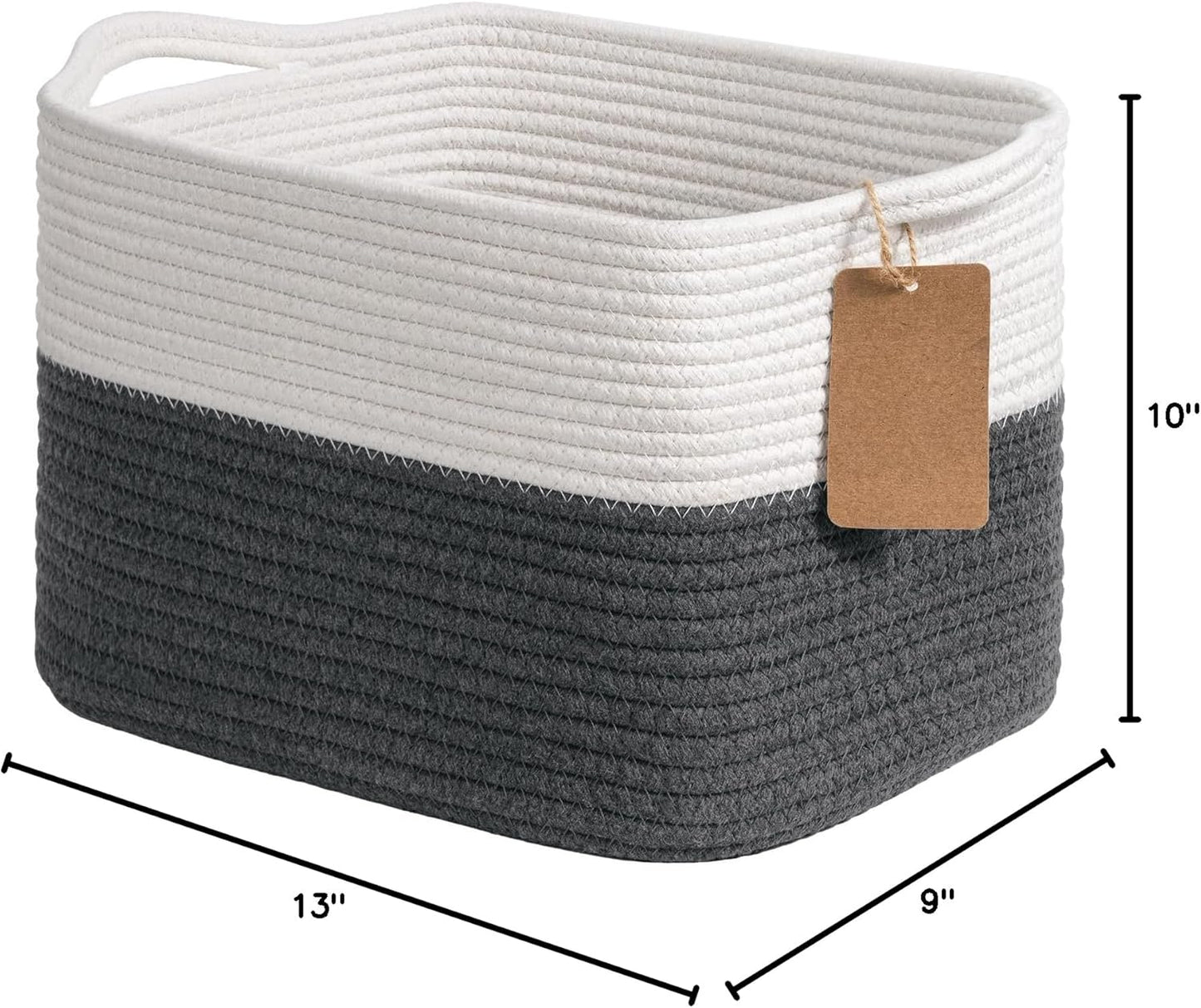 Goodpick Woven Storage Basket, Cotton Rope Basket for Dog Toys, Books, Stylish Gift Basket with Handles, 13 x 10 x 9 Inches Square Baskets for Organizing, Brown and White