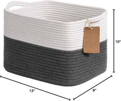 Goodpick Woven Storage Basket, Cotton Rope Basket for Dog Toys, Books, Stylish Gift Basket with Handles, 13 x 10 x 9 Inches Square Baskets for Organizing, Brown and White