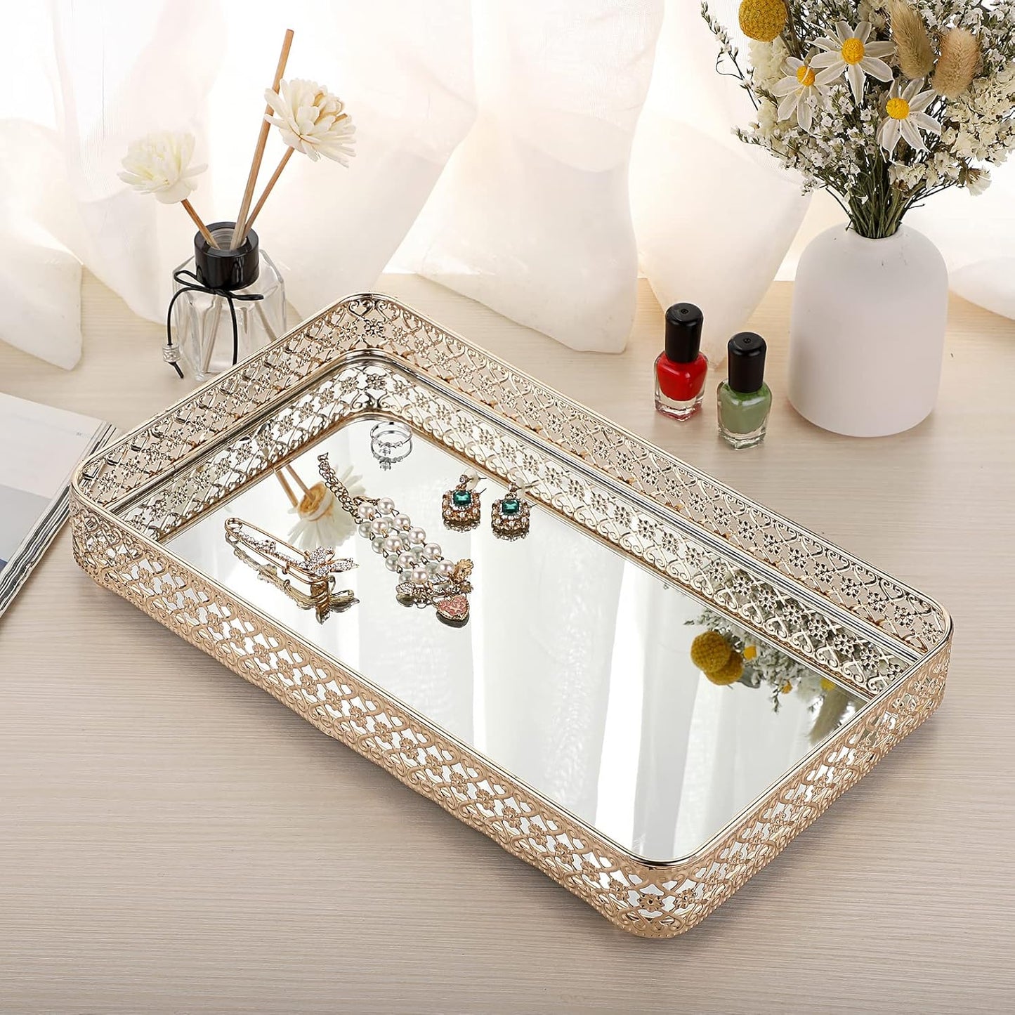 ELLDOO Perfume & Makeup Vanity Tray - Hollow-Carved Jewelry Storage, Glass & Metal Trinket Organizer for Dresser & Bathroom Countertop, Gold, Medium Size
