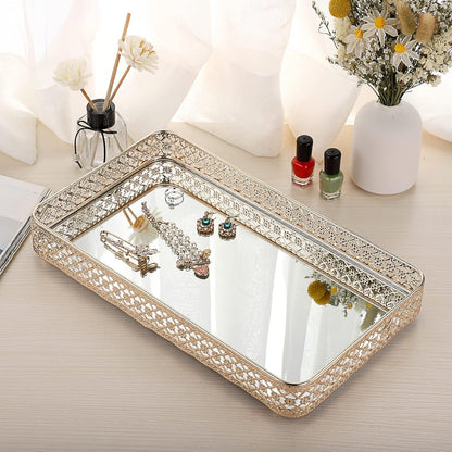 ELLDOO Perfume & Makeup Vanity Tray - Hollow-Carved Jewelry Storage, Glass & Metal Trinket Organizer for Dresser & Bathroom Countertop, Gold, Medium Size