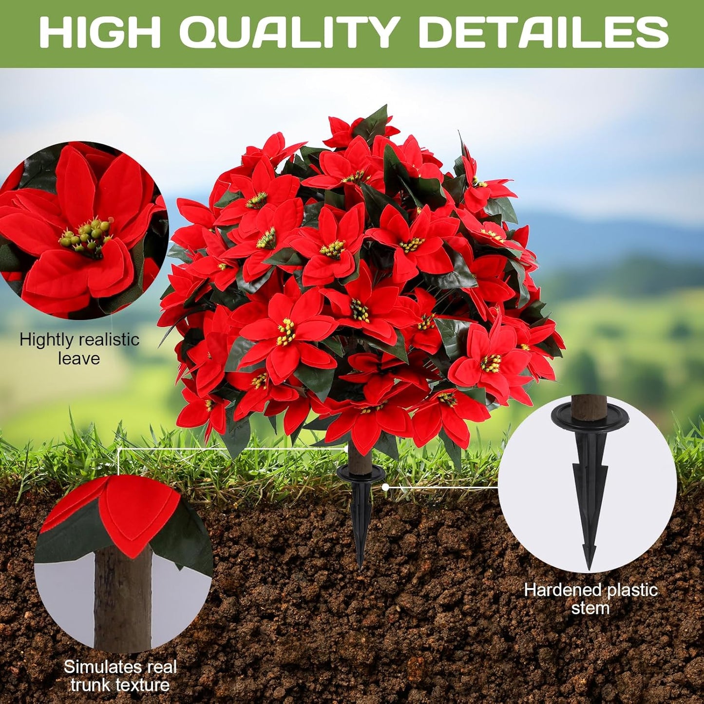 Artificial Red Eucalyptus Topiary Ball Tree 24" with Ground Spike, Set of 2 Artificial Boxwood Bushes for Faux Shrubs, Fake Evergreen Faux Plant for Indoor Outdoor Garden -UV Resistant–Fade-Proof