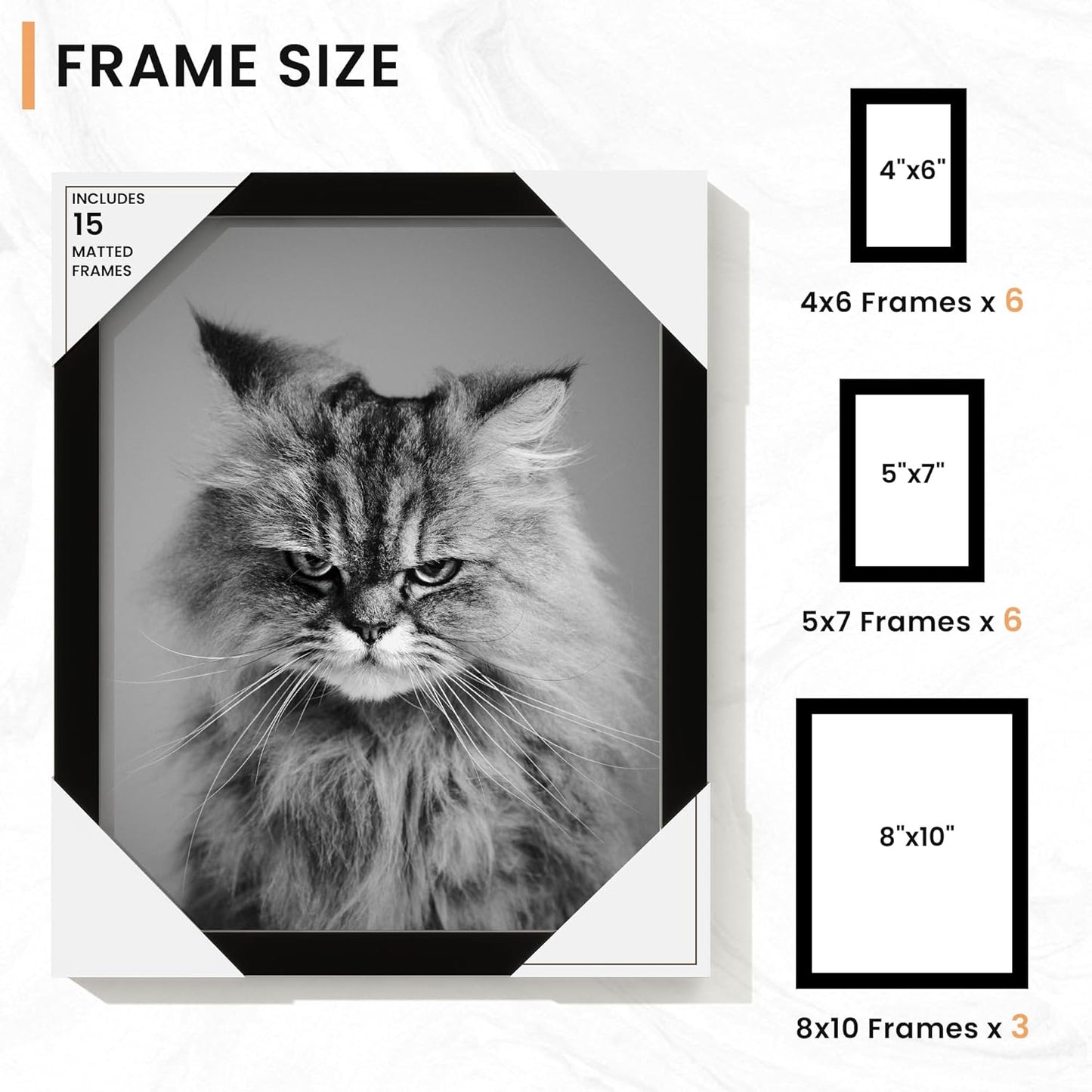 Venusmiles 15 Pack Picture Frames Collage Wall Decor, Gallery Frame Set for Wall Mounting or Tabletop Display, Multi Sizes Including 3pcs 8x10, 6pcs 5x7, 6pcs 4x6, Oak