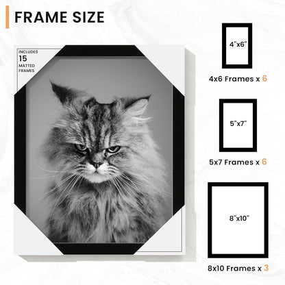 Venusmiles 15 Pack Picture Frames Collage Wall Decor, Gallery Frame Set for Wall Mounting or Tabletop Display, Multi Sizes Including 3pcs 8x10, 6pcs 5x7, 6pcs 4x6, Oak