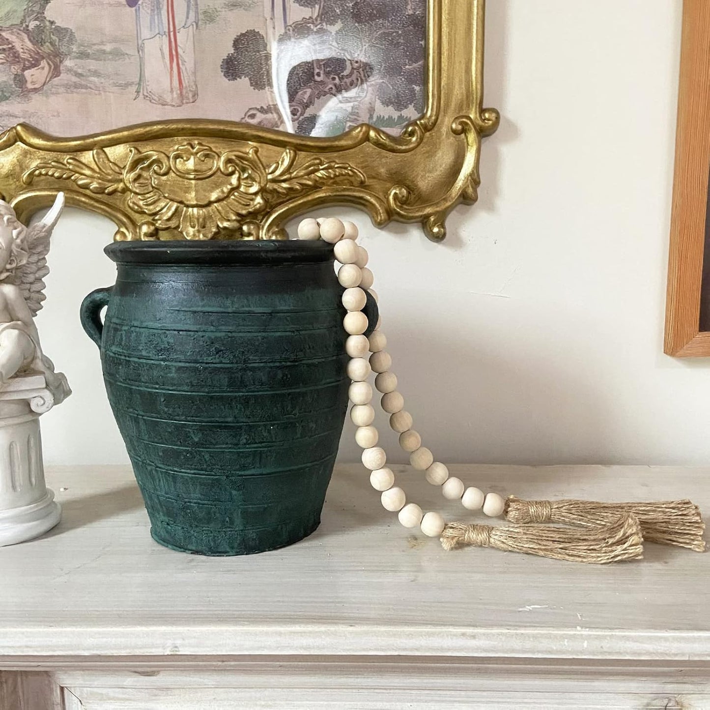 OMISHE 59in Wood Bead Garland with Tassels, Decorative Beads, Farmhouse Wooden Beads Garland for Wall Hanging Home Festival Decor, Aqua, Teal