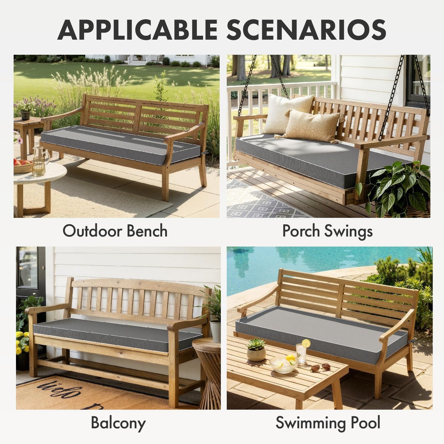 MIULEE Black Outdoor Bench Cushion 48x18x3 Inch Waterproof 3-Year Color Fastness Patio Furniture Cushions for Porch Swing, Garden Bench Sofa Couch with Adjustable Ties No Slip Design