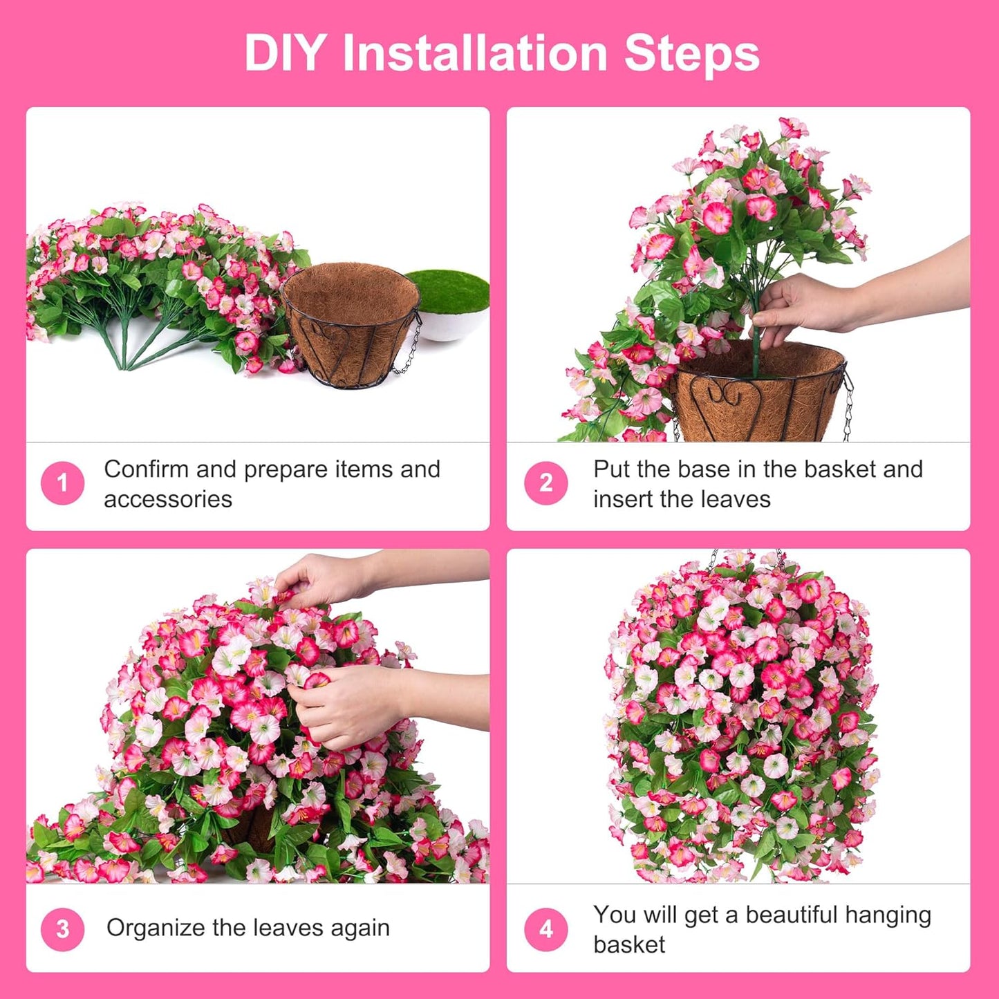 INXUGAO Artificial Flowers with Hanging Basket, Outdoor Faux Plants Silk Morning Glory Vines, Fake Green Arrangement for Garden Patio Spring Summer Decor(4pcs,Darkorchid)
