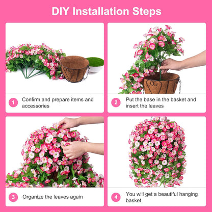 INXUGAO Artificial Flowers with Hanging Basket, Outdoor Faux Plants Silk Morning Glory Vines, Fake Green Arrangement for Garden Patio Spring Summer Decor(4pcs,Darkorchid)
