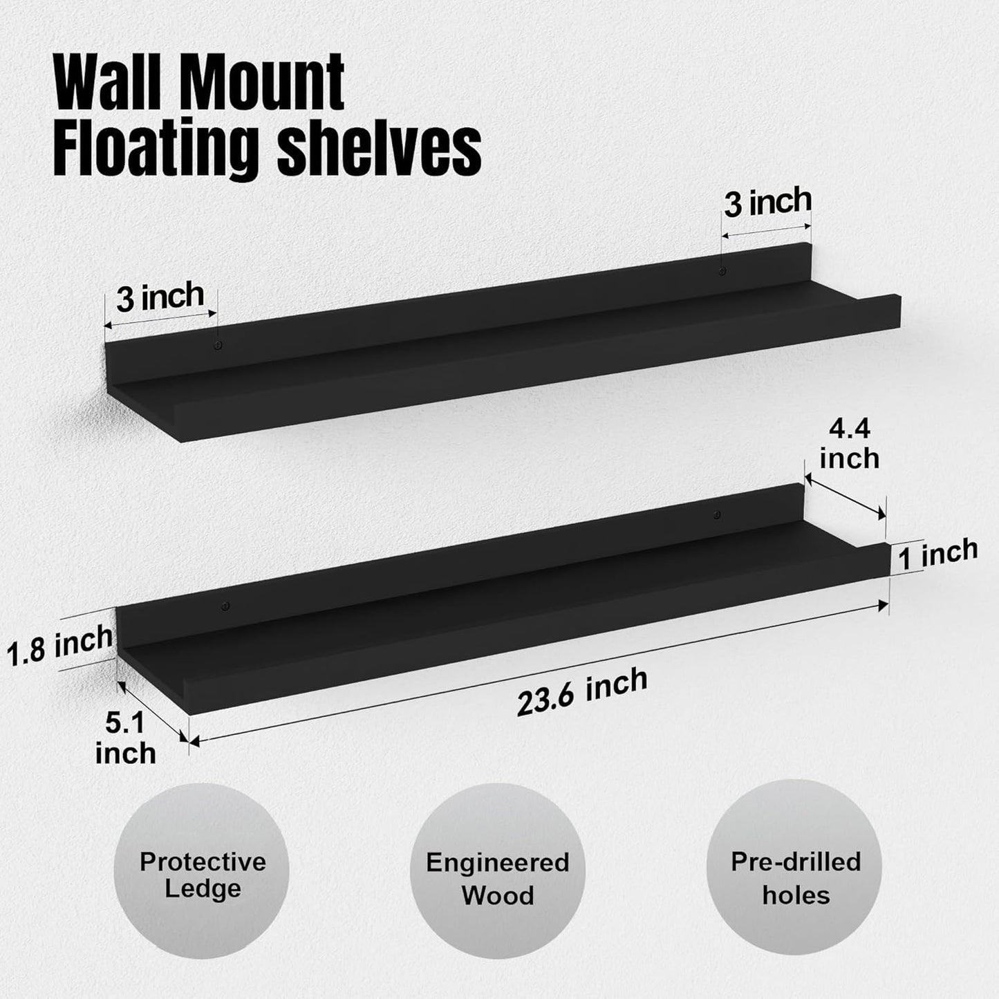 Boswillon Floating Shelves Wall Mounted Set of 2, Modern Black Wall Shelves for Storage with Lip, Display Picture Ledge Shelf for Wall Decor Bedroom Living Room Bathroom Kitchen