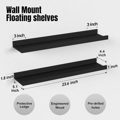 Boswillon Floating Shelves Wall Mounted Set of 2, Modern Black Wall Shelves for Storage with Lip, Display Picture Ledge Shelf for Wall Decor Bedroom Living Room Bathroom Kitchen