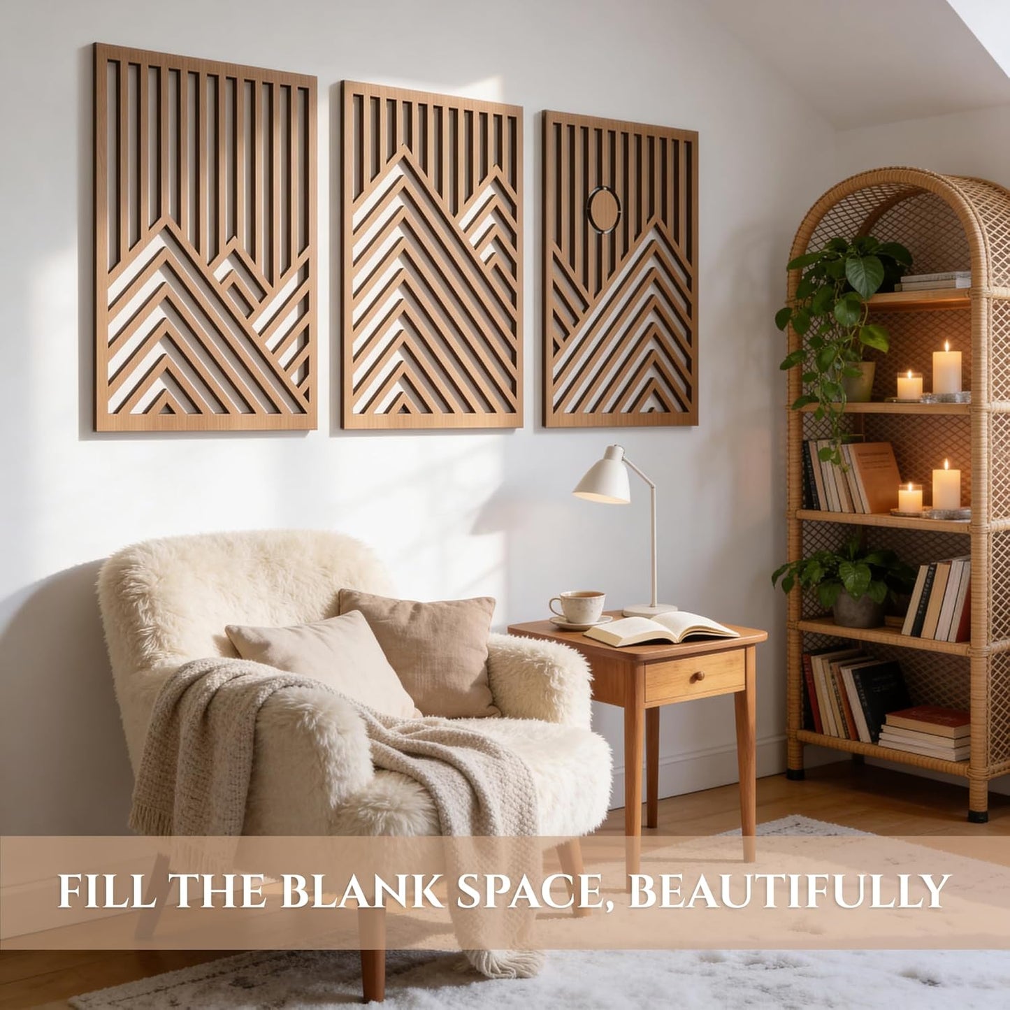 qmmp Modern Wooden Wall Sculptures - Set of 3 - Home Decor Accent - Large Wall Art for Living Room, Bedroom, Office - Easy Installation (Oak, Medium - Mountain and Sun)