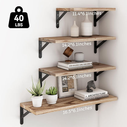 YGEOMER Floating Shelves for Wall, Different Sizes Dark Carbonized Brown Wall Shelves for Living Room, Bathroom, Bedroom, Kitchen, Home Decor (Set of 4)