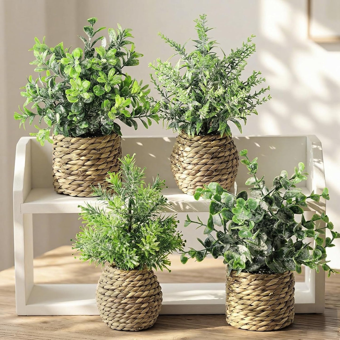 Small Fake Potted Plants: 9 Inches Artificial Plants with Seagrass Handwoven Planters, Indoor Farmhouse Spring Decorations, Eucalyptus Plant for Home Bathroom Office Shelf Tabletop Desk Room Decor