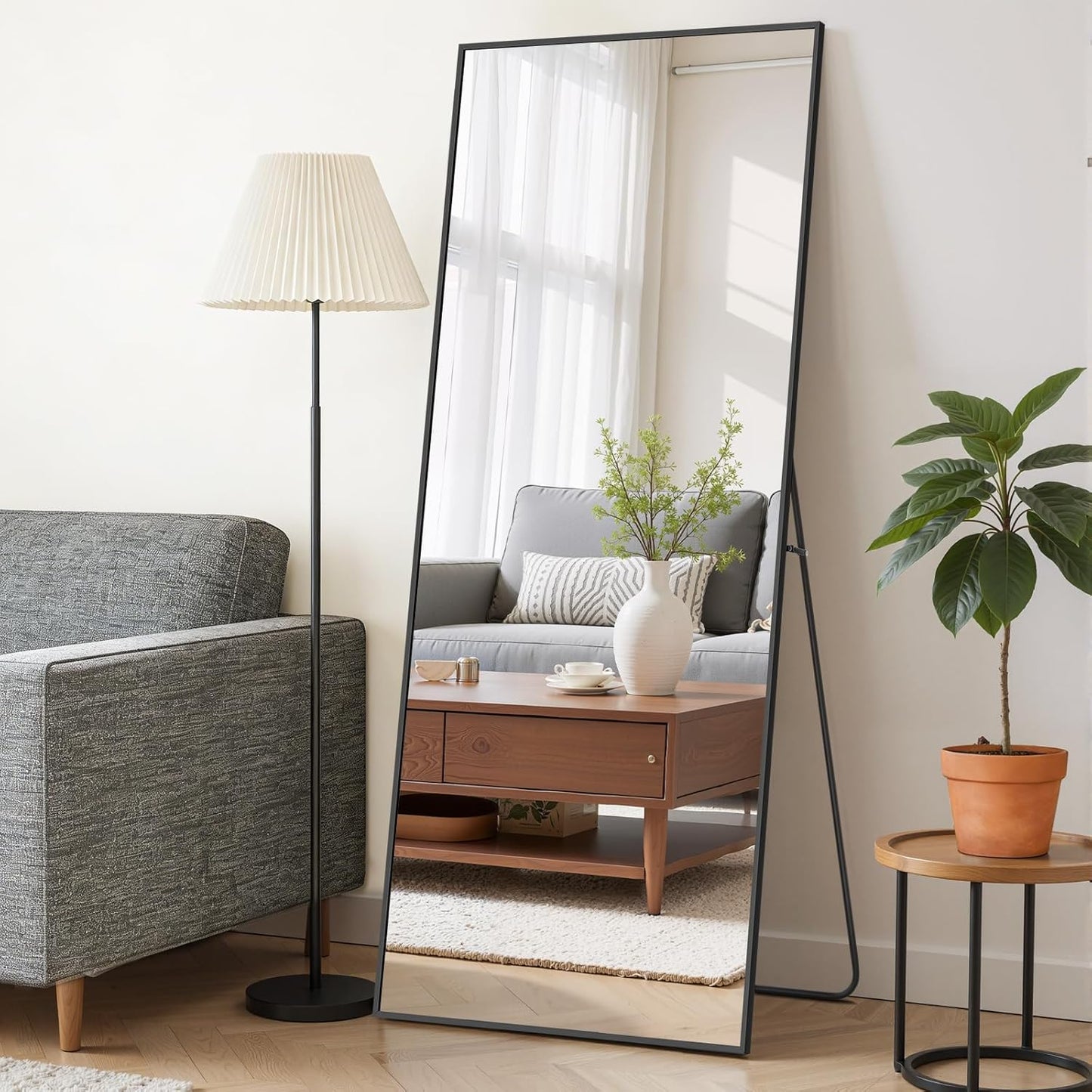 Mirror Full Length 64"x21" Full Body Floor Mirror with Stand, Shatterproof Glass, Aluminum Alloy Frame, Free Standing Wall Mounted or Leaning Arched Mirrors for Bedroom Living Room Entryway