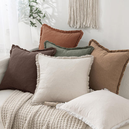 MIULEE Decorative Throw Pillow Covers Neutral Linen Fringe Throw Pillows Set of 2 Natural Beige Boho Farmhouse Cushion Covers with Tassels for Couch Sofa Bed Spring Home Decor 20x20 Inch