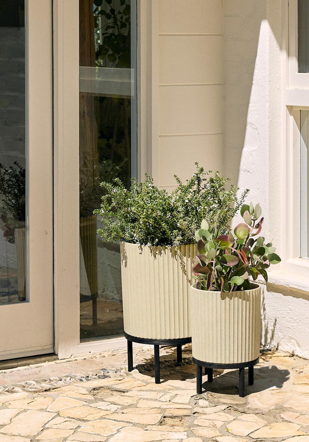 Veradek Demi Series Round Planter w/ Stand for Porch/Patio | Durable Plastic-Concrete & Wooden Stand | Modern Décor for Tall Plants, Flowers