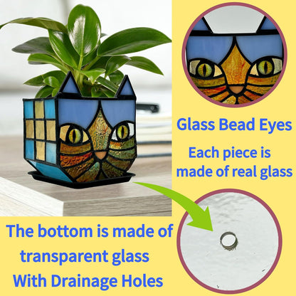 Tiffany Stained Glass Fun Moon Sleeping Cat Planter，Cactus Planter，Cute Planters for Indoor Plants,Decorative Flower Pots As Gifts for Cat Lovers，4.6x3x5.15 in