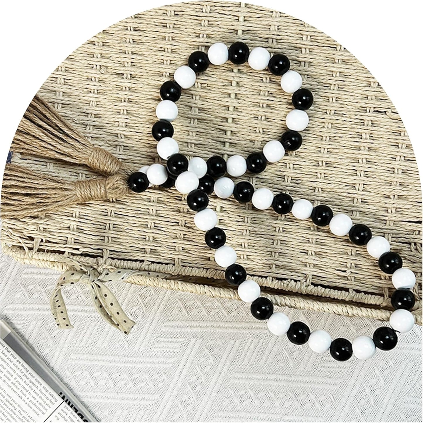 pson 39.4 Inch Wood Bead Garland with Tassels, Farmhouse Beads for Wall Hanging, Boho Rustic Prayer Beads, and Home Décor(Black and White)