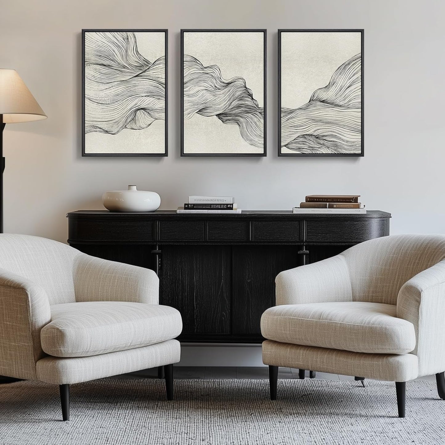 Large Framed Black and White Abstract Wall Art for Living Room, 3 Piece Big Modern Canvas Prints Paintings Artwork for Walls, Minimalist Abstract Art Pictures for Hallway, Office Wall Decor 24x36 In