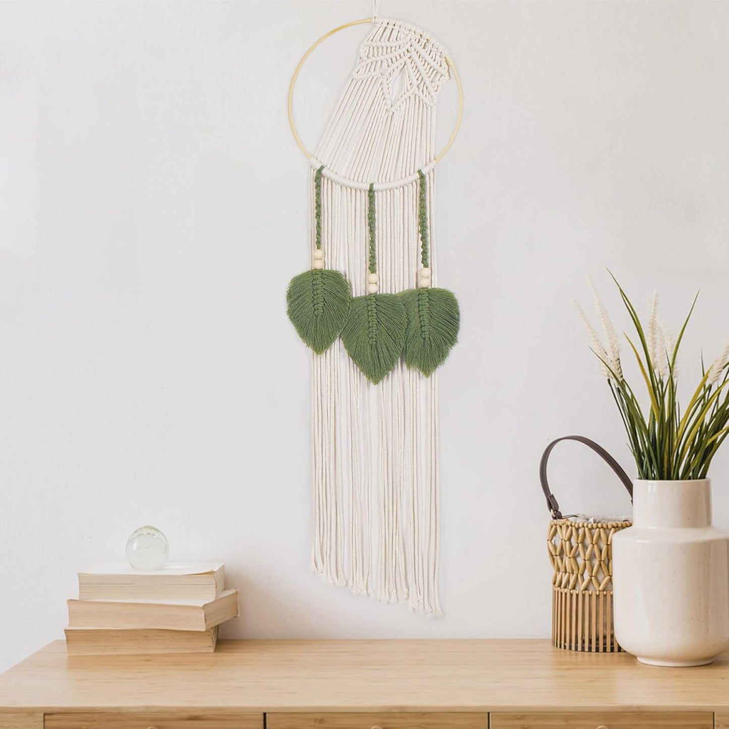 LB Boho Macrame Wall Hanging - Green and Beige Handmade Cotton Woven Decor, Modern Geometric Bohemian Tapestry Wall Decor for Bedroom Living Room Home (31.5"x9.84") Nature-Inspired Room Decor
