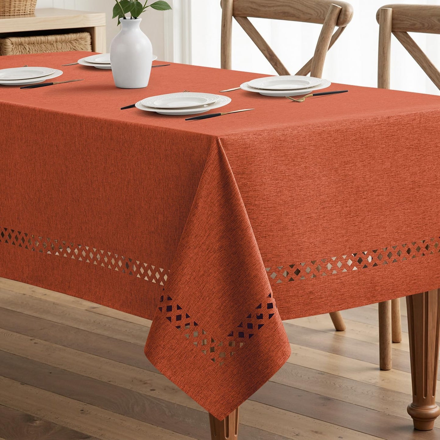 MIULEE Beige Rectangle Linen Polyester Tablecloth with Decorative Cutouts Spring Waterproof Stain Resistant & Shrink-Proof Table Cloth 52x70 inch Farmhouse Style for Dining Wedding and Outdoor