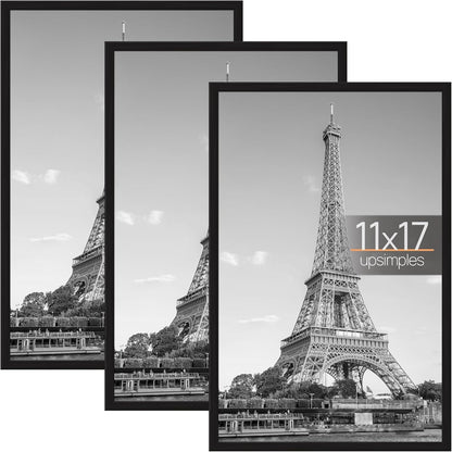 upsimples 18x24 Picture Frame Black 3 Pack, Scratch-Proof Poster Frames 18 x 24 for Photo Gallery - Slide-In Strips, Horizontal or Vertical Wall Mounting