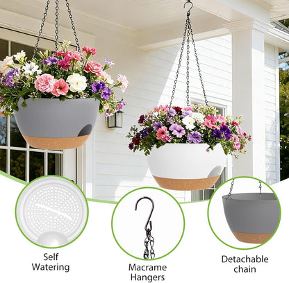 8 Inch Hanging Planters for Indoor Outdoor Plants, 4 Pack Black Plastic Self Watering Hanging Baskets with Drainage Holes and Chain for Garden Porch