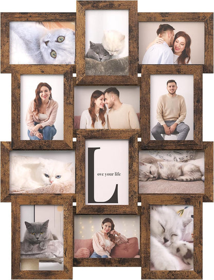 SONGMICS Collage Picture Frames, 4x6 for Wall Decor, Multi Family Photo for Gallery Decor, Hanging Display, Set of 12, Rustic Brown URPF026X01