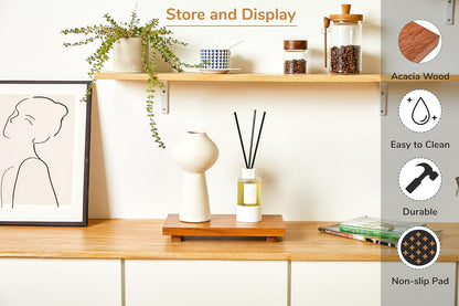 Large 16" Acacia Wood Riser Pedestal Stand – Farmhouse Wood Display Riser for Kitchen and Bathroom Décor - Counter Display, Plant Stand, Jewelry Holder, Vanity Tray, Candle Stand (L:16"x8"x1.57")