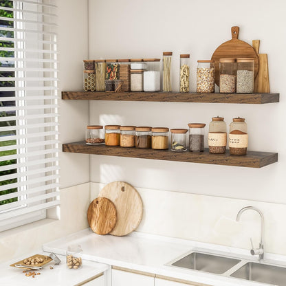 RICHFOCUS 72Inch Floating Shelves for Wall 2 Pack Shelves for Bedroom|Kitchen|Bathroom Wall Mounted Rustic Wood Floating Shelf with Invisible Brackets for Books|Storage|Decor, Rustic Brown