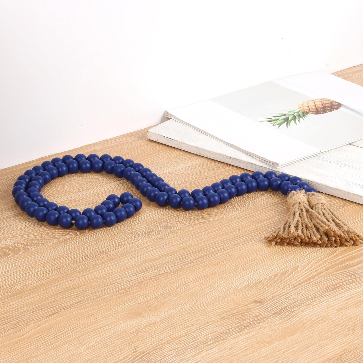 58in Wood Bead Garland with Tassels, Farmhouse Rustic Country Decor Prayer Boho Wall Hanging Decoration (Nature)