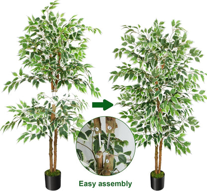 GTIDEA 6ft Artificial Tree Ficus, Tall Faux Trees Indoor with Natural Trunk and Fake Silk Tree Fake Plants for Home Spring Decor Living Room Outdoor Balcony House Office (Included Dried Moss)