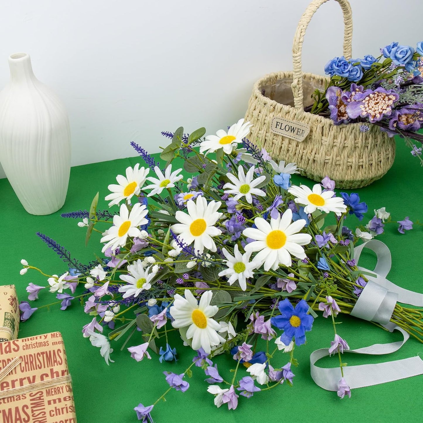 12 PCs Artificial Spring Summer Flowers Rustic Blue and White Artificial Flowers Wildflower Floral Stems with Daffodils Daisy Flower Picks for Vase Table Centerpieces Summer Spring Decor