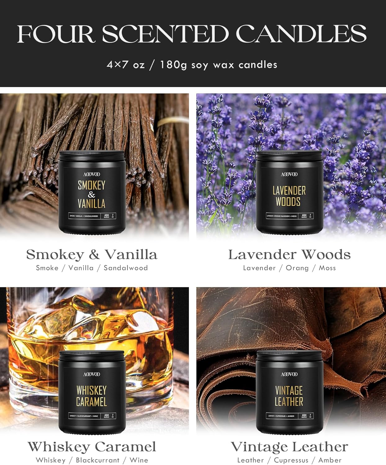 AOOVOO Scented Candles for Men - 4 Pack Candles for Home Scented, 36oz Soy Wax, 200 Hour Burn Time, Men Candle Set, Sandalwood Oud/Mahogany Teakwood/Smoke Vanilla/Jasmine Candle Set A
