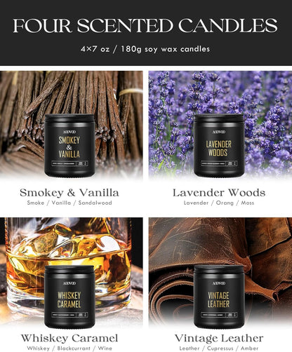 AOOVOO Scented Candles for Men - 4 Pack Candles for Home Scented, 36oz Soy Wax, 200 Hour Burn Time, Men Candle Set, Sandalwood Oud/Mahogany Teakwood/Smoke Vanilla/Jasmine Candle Set A