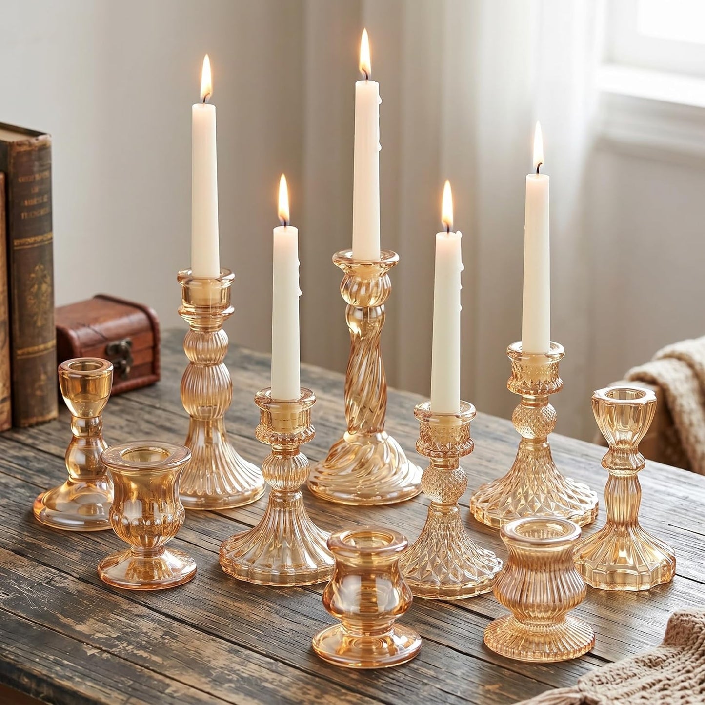 Mumufy 10 Pcs Glass Crystal Taper Candle Holders Clear Glass Candlestick Holder Fit 0.8 Inch Candles Crystal Decorative Candle Stand Centerpiece Table Wedding Dining Party (Classic,Clear)