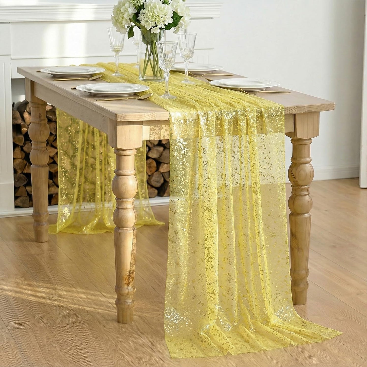 Artoid Mode Beige Gold Gauze Table Runner 120 Inch 10FT, Glitter Metallic Foil Sheer Dining Wedding Anniversary Holiday Birthday Table Decor for Home Party