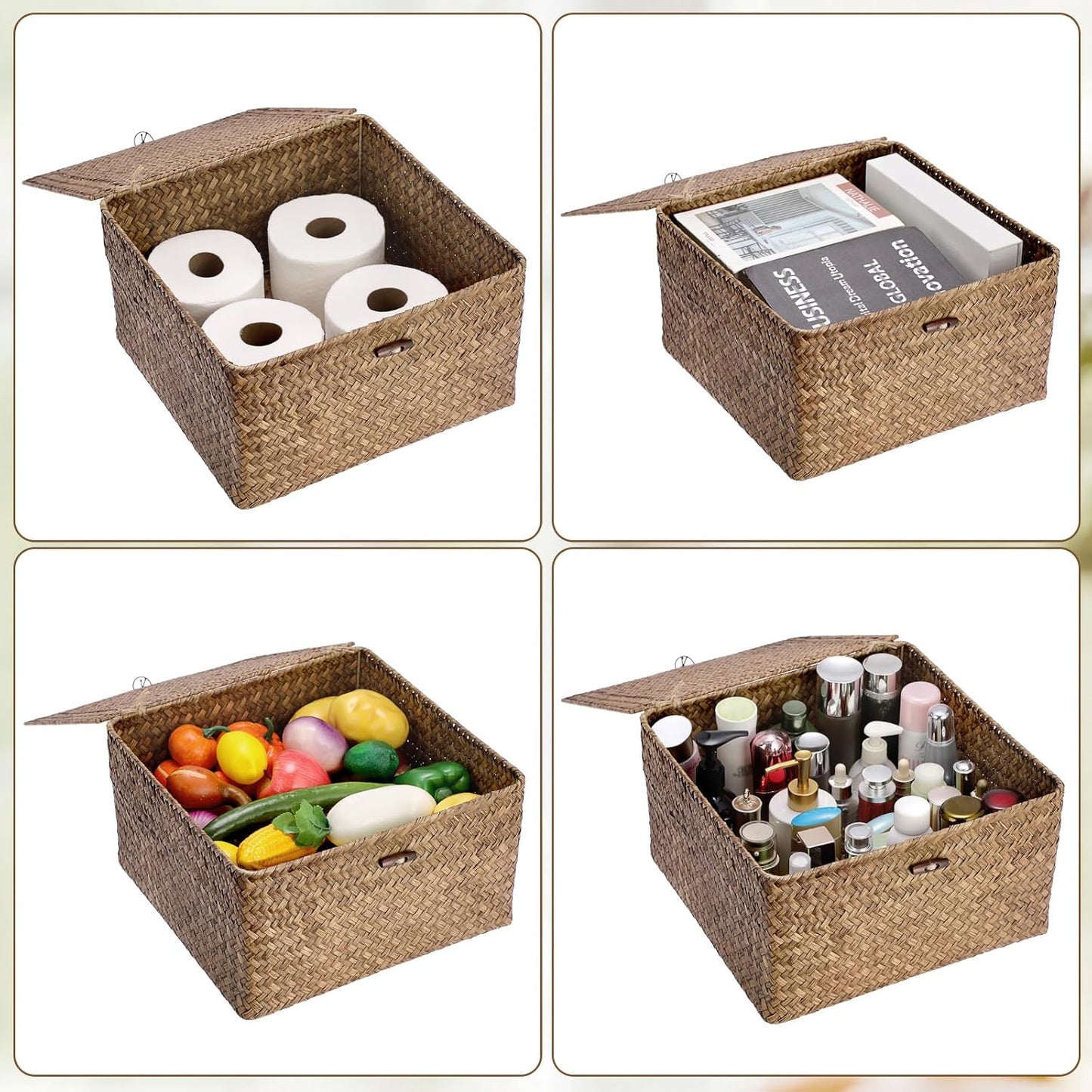 Hipiwe Seagrass Basket with Lid Wicker Storage Basket Square Handwoven Decorative Baskets Box for Shelf Multipurpose Household Baskets Home Decor,X-small