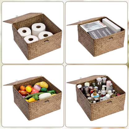 Hipiwe Seagrass Basket with Lid Wicker Storage Basket Square Handwoven Decorative Baskets Box for Shelf Multipurpose Household Baskets Home Decor,X-small