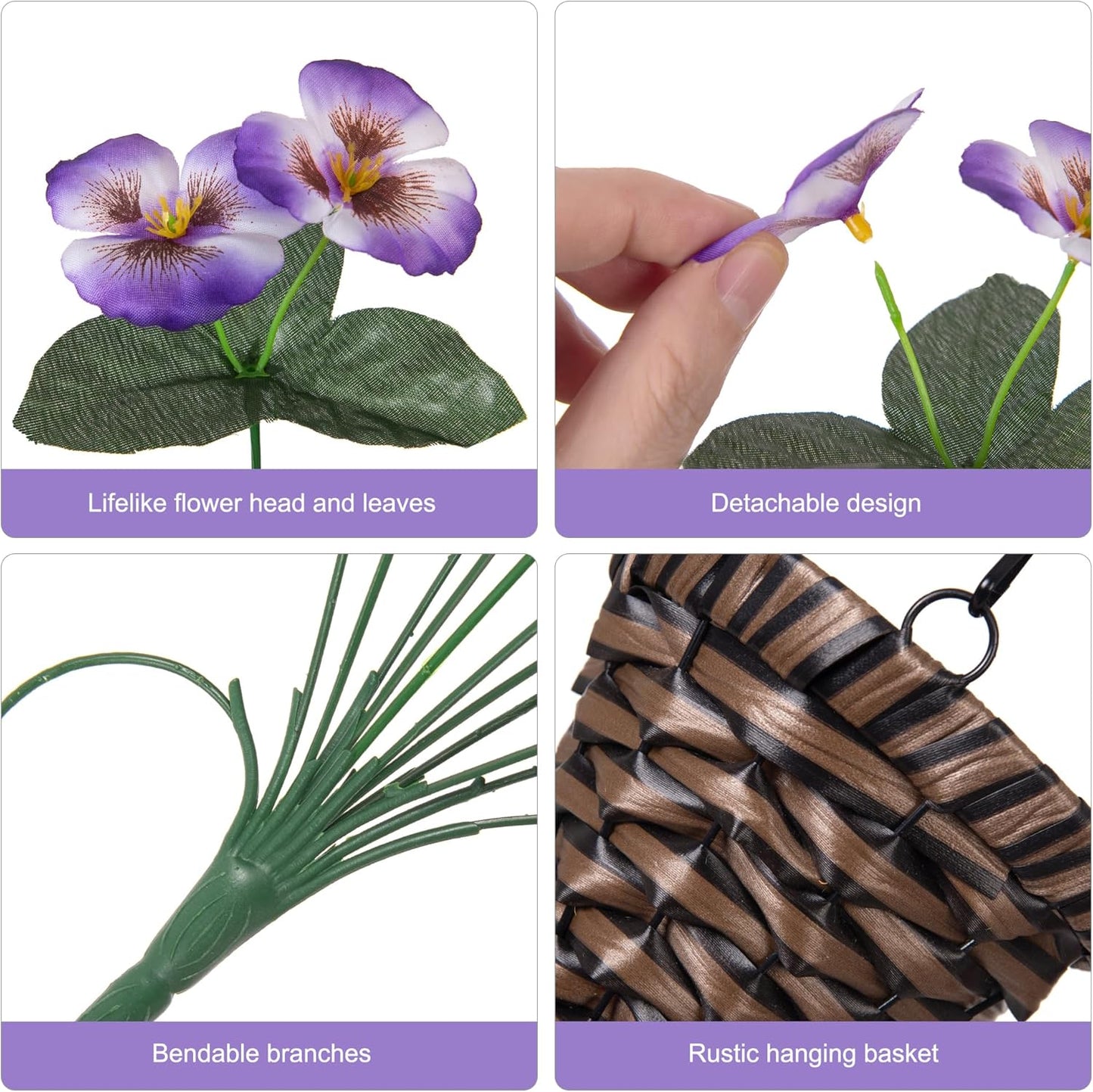 HyeFlora Artificial Flowers for Outdoors, 2pcs Faux Silk Pansies Flowers UV Resistant Fake Hanging Flower Plants for Outside Planters Porch Yard Patio Window Box (Mix Purple)