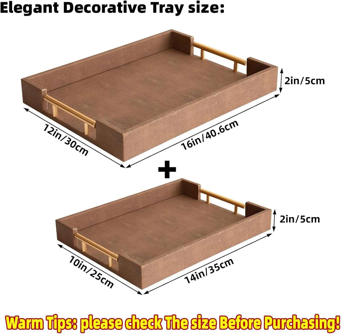Modern Decorative Tray Set of 2 Ivory Shagreen Leather and Wood Serving Tray with Gold Polished Metal Handles for Ottoman, Coffee Table, Bathroom and More