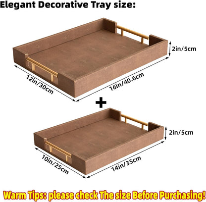 Modern Decorative Tray Set of 2 Ivory Shagreen Leather and Wood Serving Tray with Gold Polished Metal Handles for Ottoman, Coffee Table, Bathroom and More