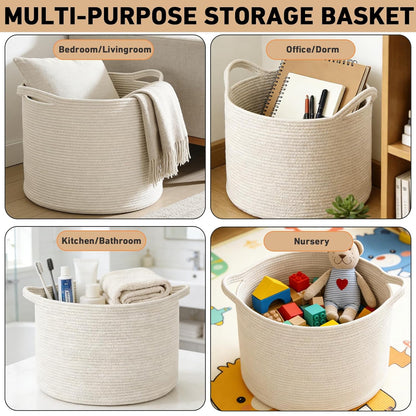 Large Woven Blanket Basket,65L Cotton Rope Laundry Basket Hamper with Handles, Decorative Nursery Basket Storage Bin for Toys, Clothes Organizer, Living Room, Bedroom, Bathroom, White & Brown