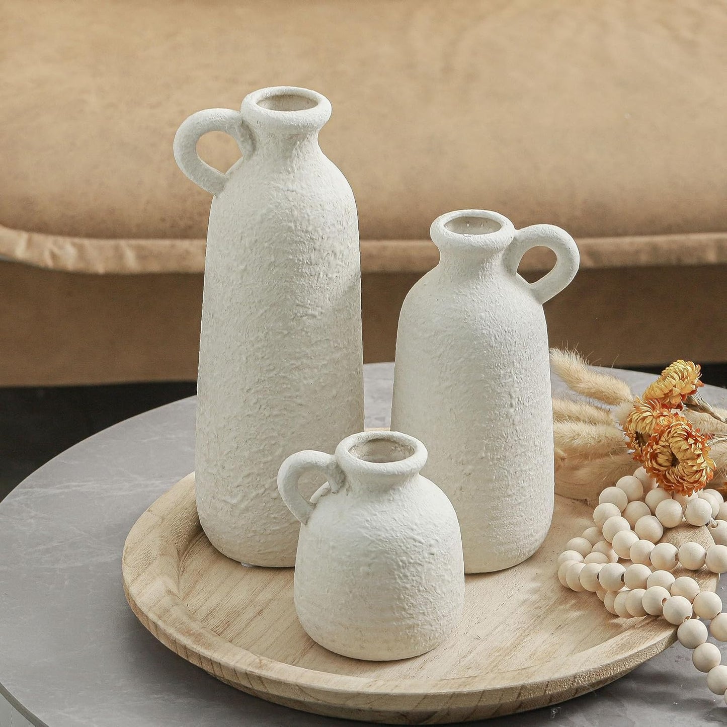 Ceramic Vase Set of 3 | Neutral Vase Home Decor with Handle | Pottery Modern Farmhouse Vases Pampas Grass Flower Vases for Home Decor Table Living Room Centerpieces Mantel Decor - Multicolor