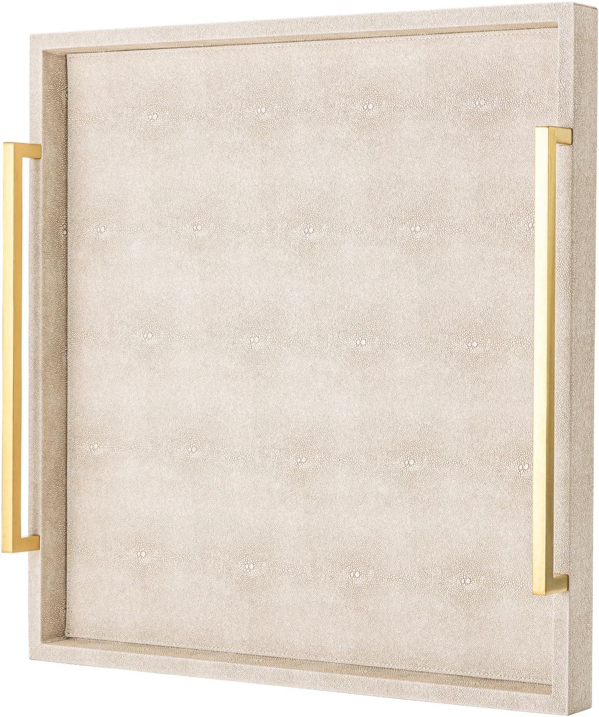 XIGEXIGE Ivory Shagreen Decorative Tray Large Rectangle Coffee Table Tray for Ottoman Faux Leather Serving Tray with Brushed Gold Handles